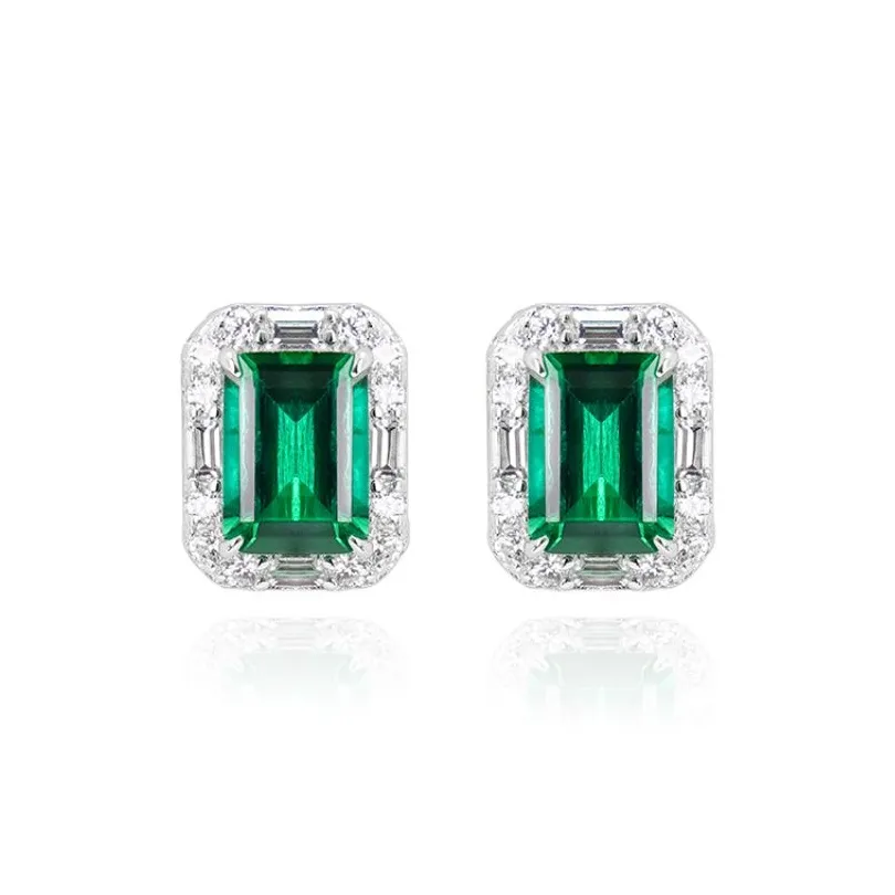 FUNNXI S925 Silver, Rhodium Plated Gold, Synthetic Emerald Stud Earrings Women's