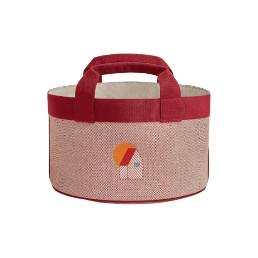 HERMES Les Cabanes Embroidery With Canvas Bag, Storage Bag, Handbag Women's Orange & Raspberry