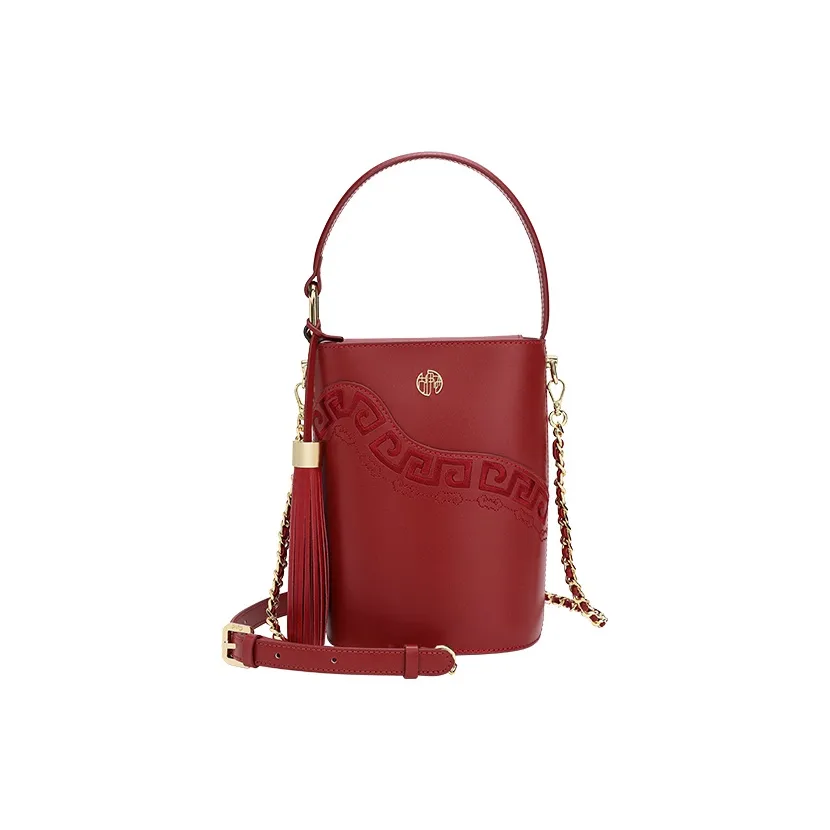 Ancient Yi Xi Коровья кожа Ведрообразная сумка Сумка через плечо Сумка для женщин Винтажный красный