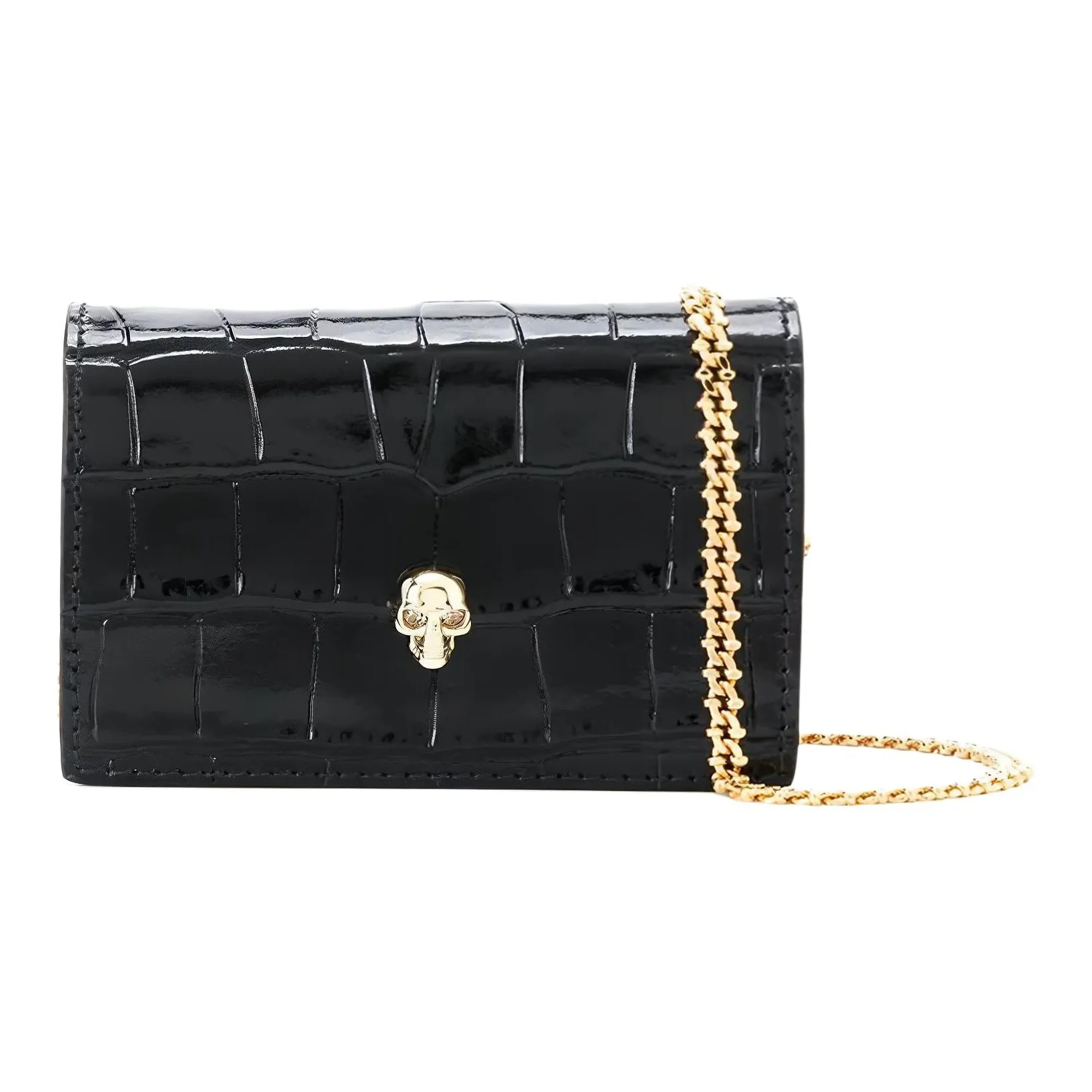 Alexander McQueen Crocodile Pattern Cow Leather Card Holder Shoulder Bag, Crossbody Bag Women's Black