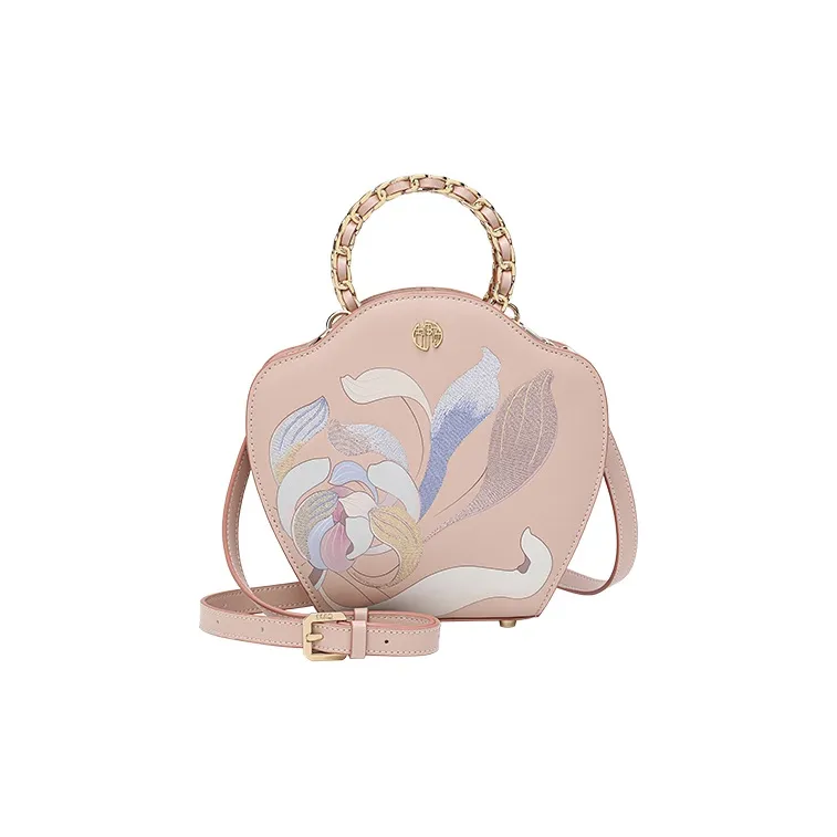 Ancient Yi Xi Cow Leather Premium Embroidered Hanfu Crossbody Bag Handbag Women's Peach Branch Pink