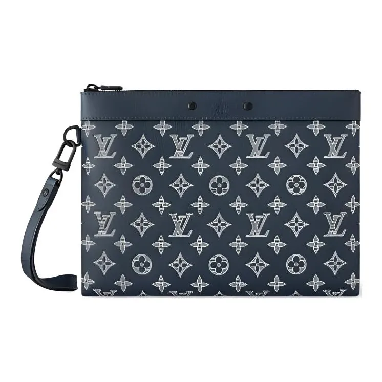 Porte-documents Louis Vuitton Porte documents Voyage en toile damier grise et cuir noir Monogram Shadow Calfskin Crossbody Bag, Shoulder Bag Women's Marine Blue
