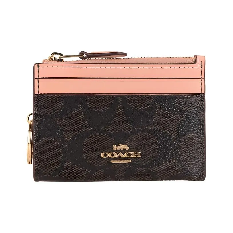 COACH Canvas Leather Card Holder Mini Women's Dark Brown & Shell Pink