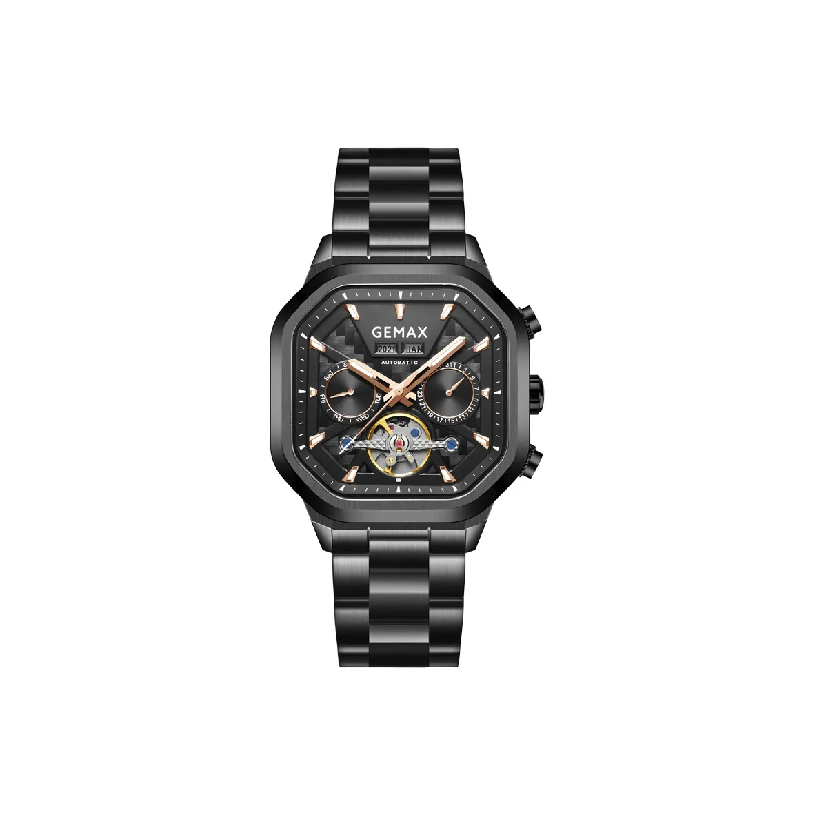 GEMAX Наручные часы Автоматический Механический Механизм Ремешок из Нержавеющей Стали Часы Мужские Черный Циферблат