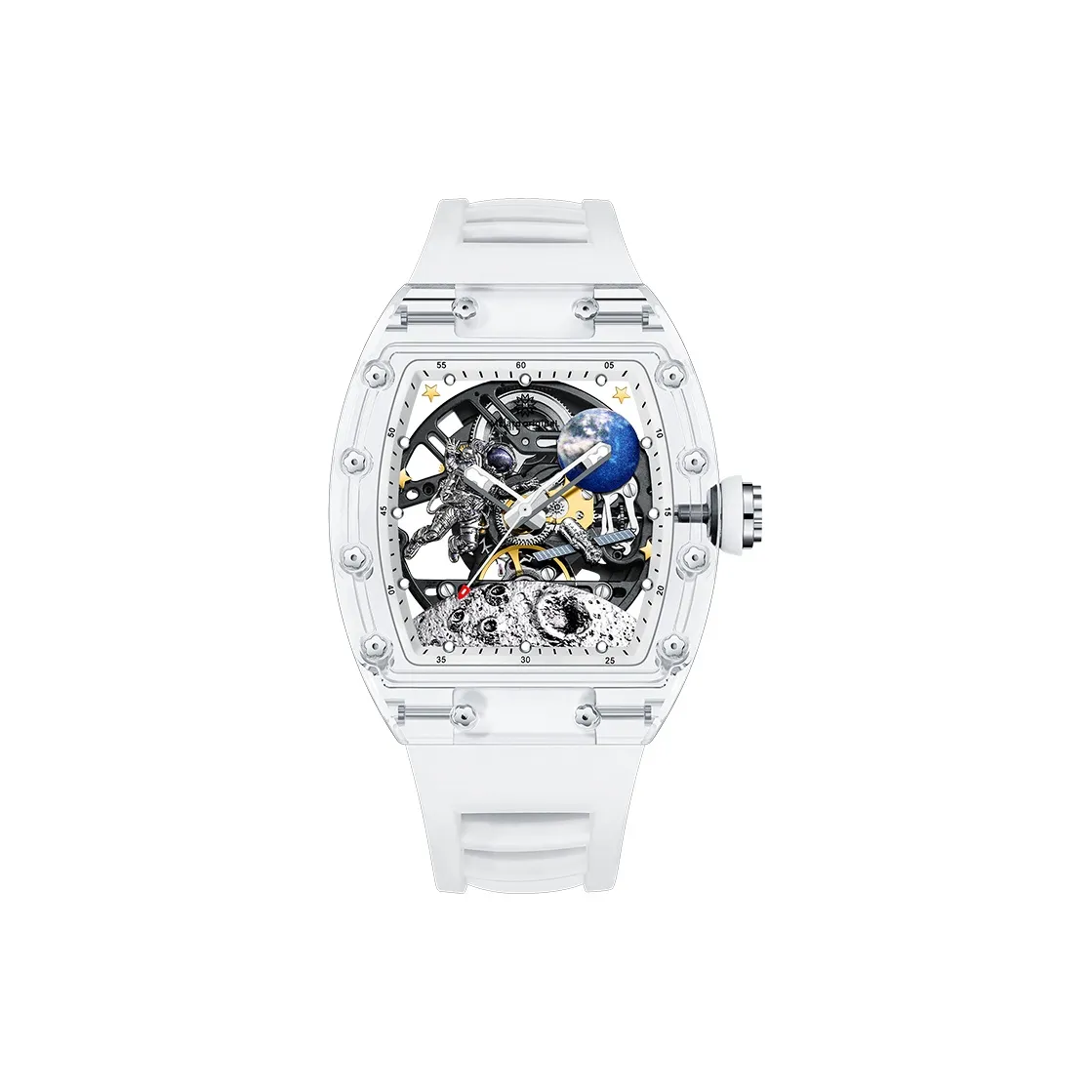 McElo Infinite Universe Moon Automatic Mechanical Movement Rubber Strap Watch Men's Watches Silver Dial