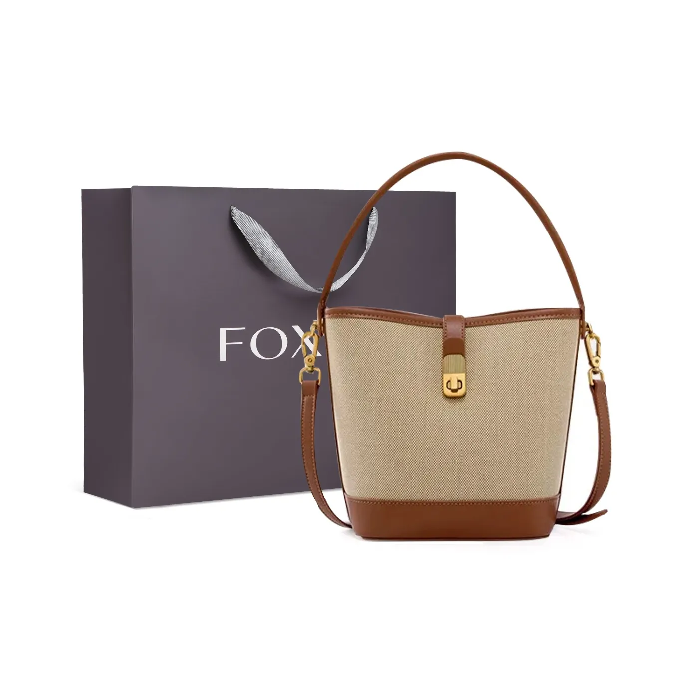 FOXER Ткань Повседневная Сумка-ведро Премиум Сумка через плечо Утончённая Летняя Путешественническая Сумка Большая Женская Экрю Коричневая