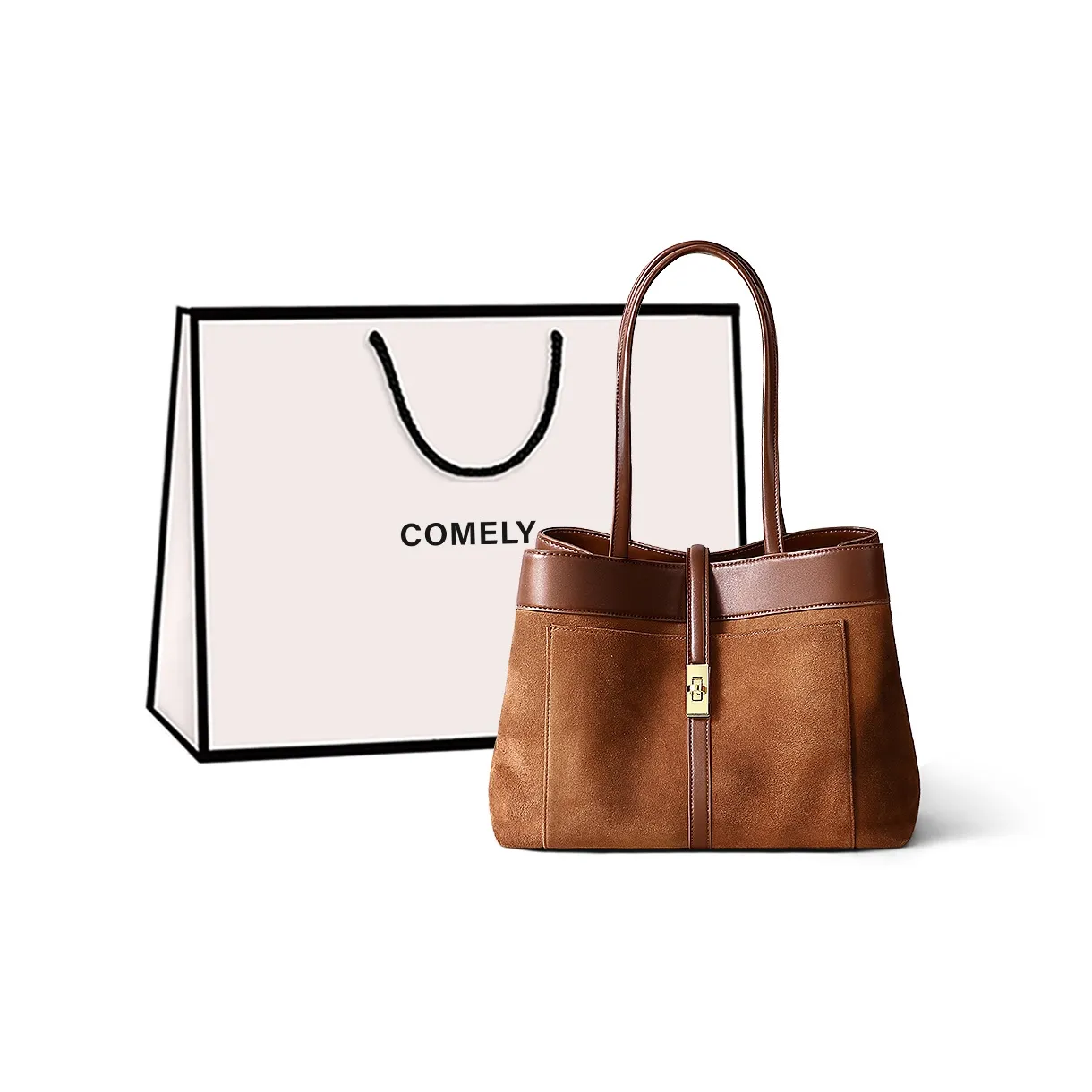 COMELY Cow Leather Patchwork Synthetic Leather Tote Bag Shopping Bag Handbag Shoulder Bag Medium Size Women's Brown