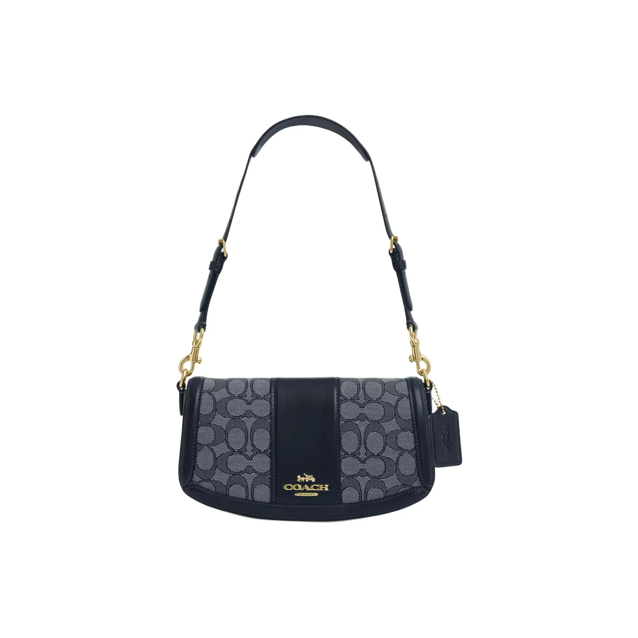 COACH Andrea Cow Leather With Jacquard Handbag, Shoulder Bag Medium Size Women's Midnight Marine Blue