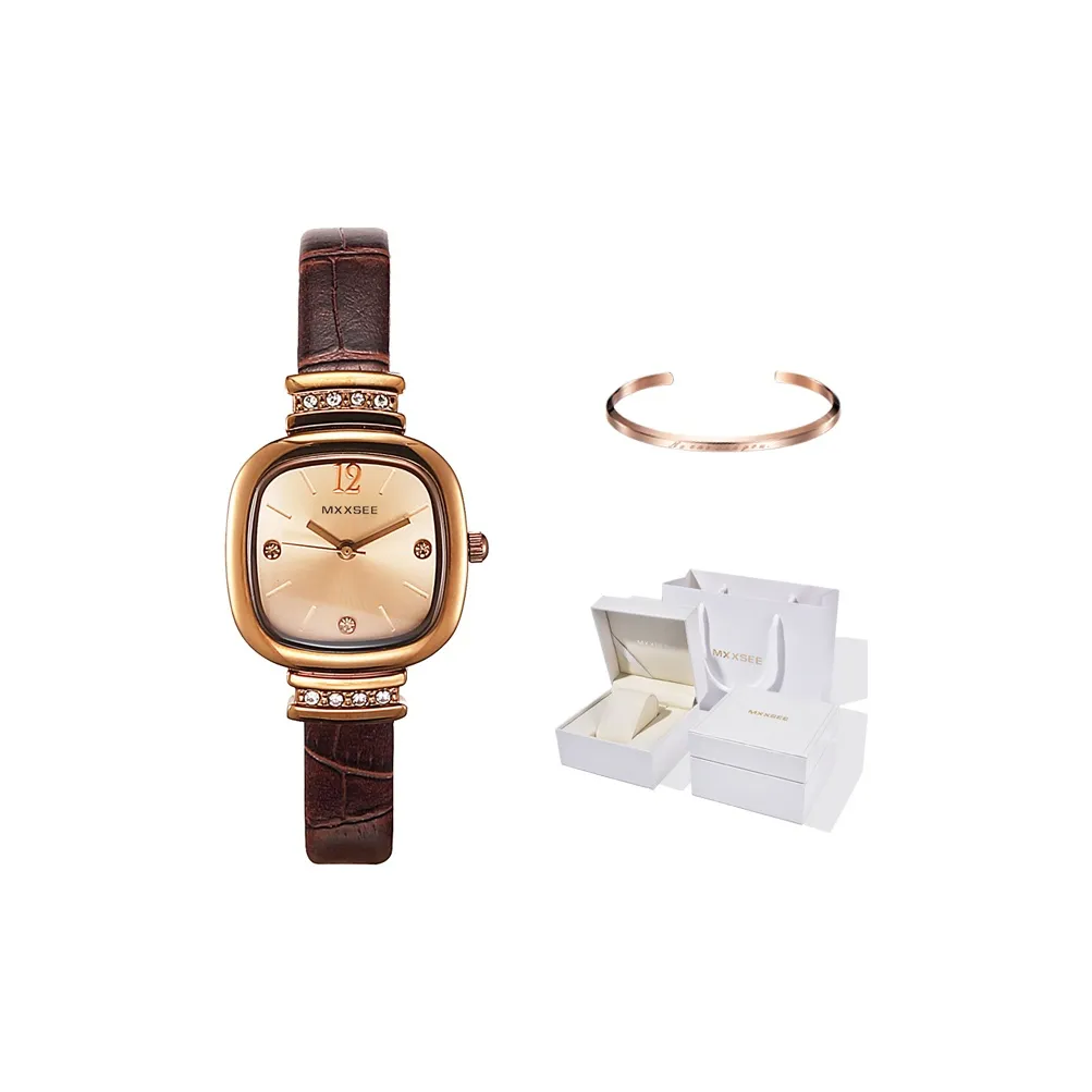 MXXSEE Маленький кубик сахара Кварцевый механизм Естественная кожа Ремешок Часы Женские часы Золотой циферблат