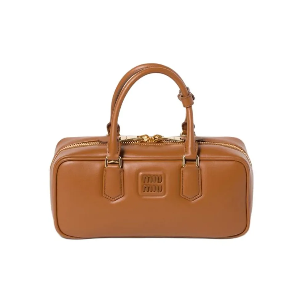 MIU MIU Arcadie Series Calfskin Bowling Bag, Shoulder Bag, Crossbody Bag, Handbag Large Size Women's Cognac
