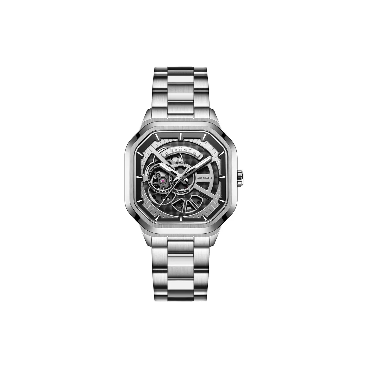 GEMAX Наручные часы Автоматический Механический Механизм Ремешок из Нержавеющей Стали Часы Мужские Черный Циферблат