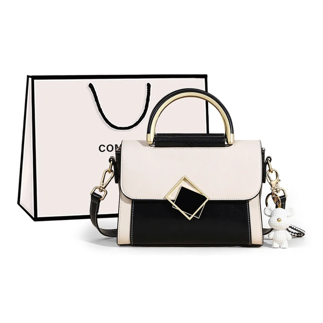 COMELY Cow Leather Handbag Women's Crossbody Bag Regular Women's Black & White