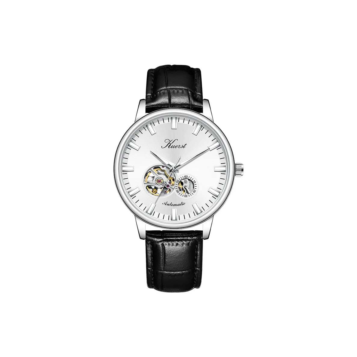 KUERST Automatic Mechanical Movement Cow Leather Strap Watch Men's Watches White Dial