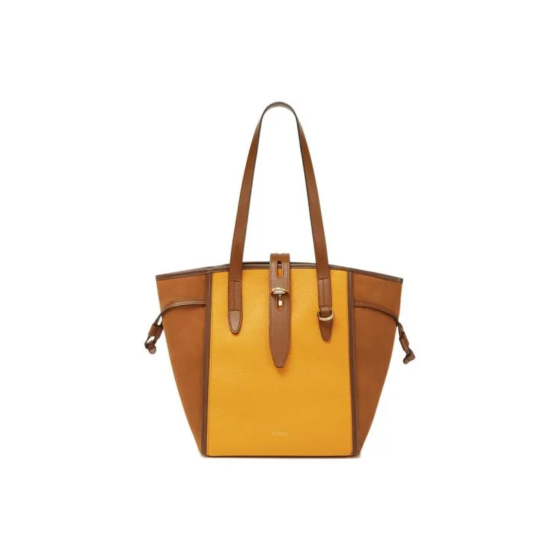 Furla Net Collection Grained Телячья кожа Тоут Сумка Сумка для покупок Сумка на плечо Сумка среднего размера Женская Коричневая и Желтая