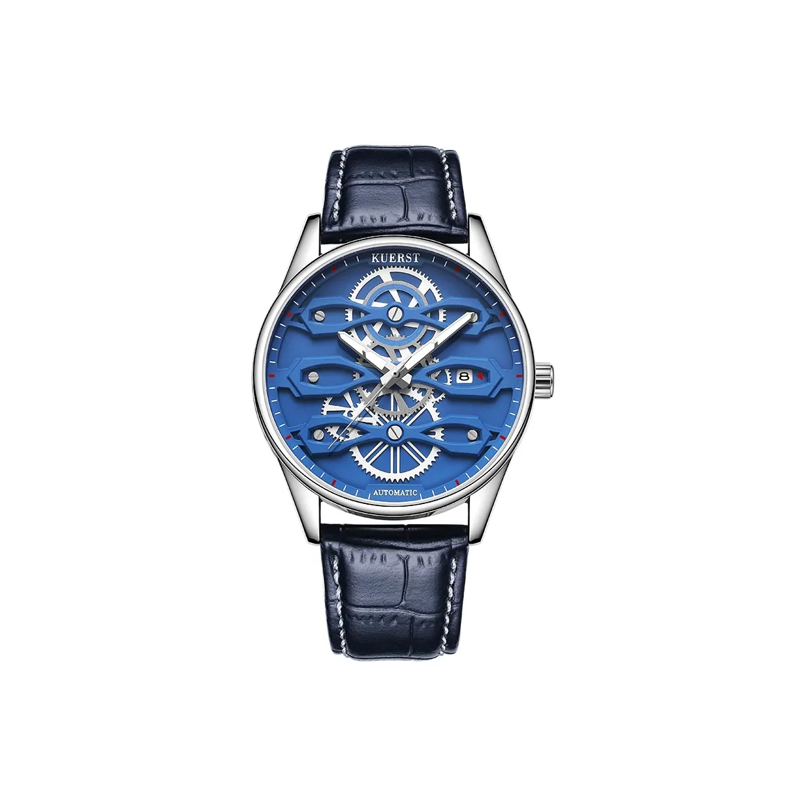 KUERST Автоматический Механический Механизм Коровья Кожа Ремешок Часы Мужские Часы Синий Циферблат