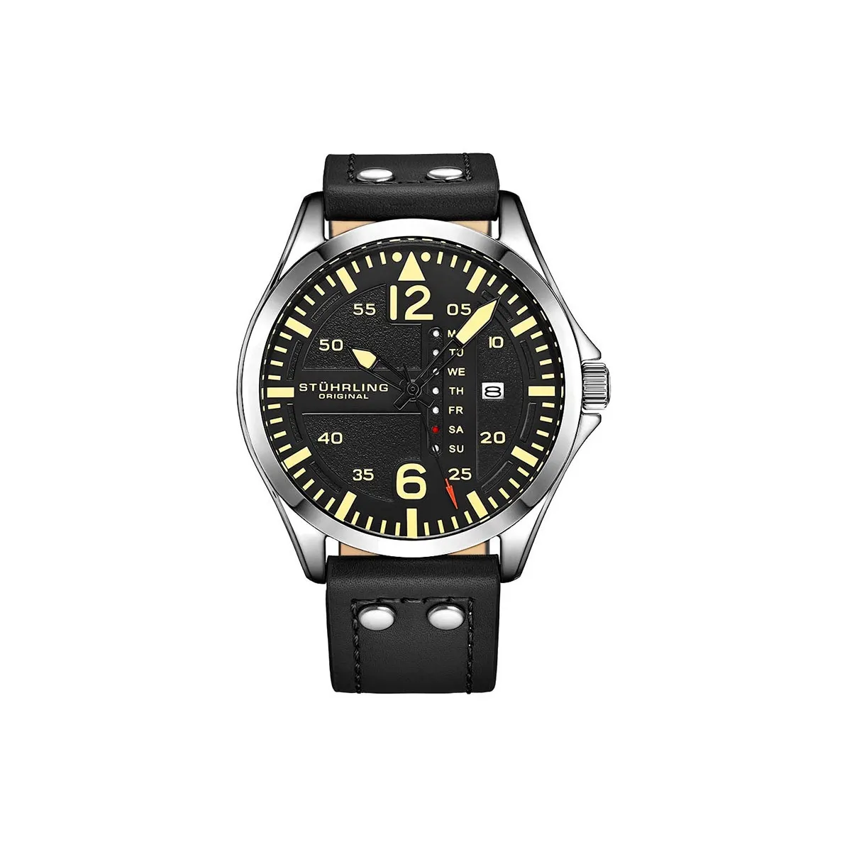 STUHRLING Schutz Pilot Collection Watch Men's Наручные часы Кварцевый механизм Кожаный ремешок 44 мм Черный циферблат Мужские часы