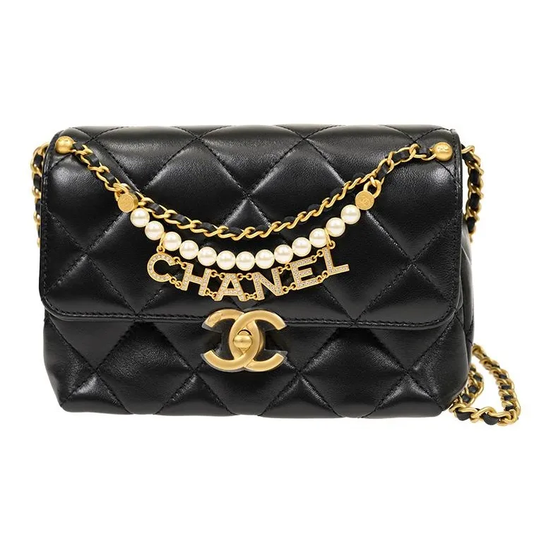 CHANEL Artificial Pearl With Shinny Lambskin Shoulder Bag, Crossbody Bag Mini Women's Black