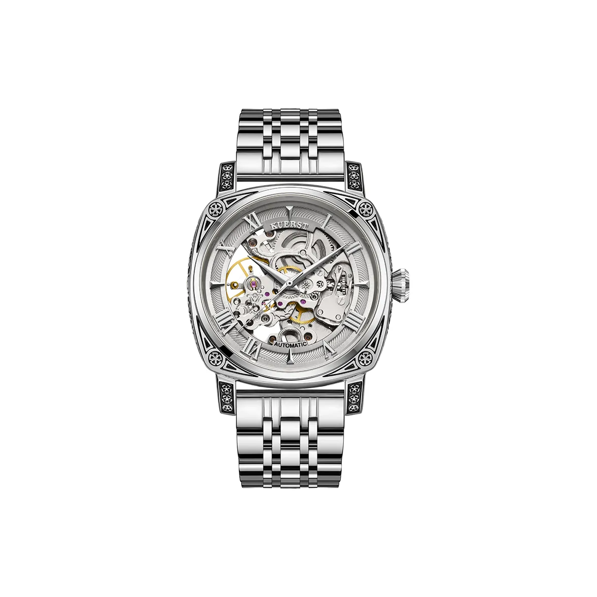 KUERST Автоматический Механический Механизм Стальной Ремешок Часы Мужские Белый Циферблат