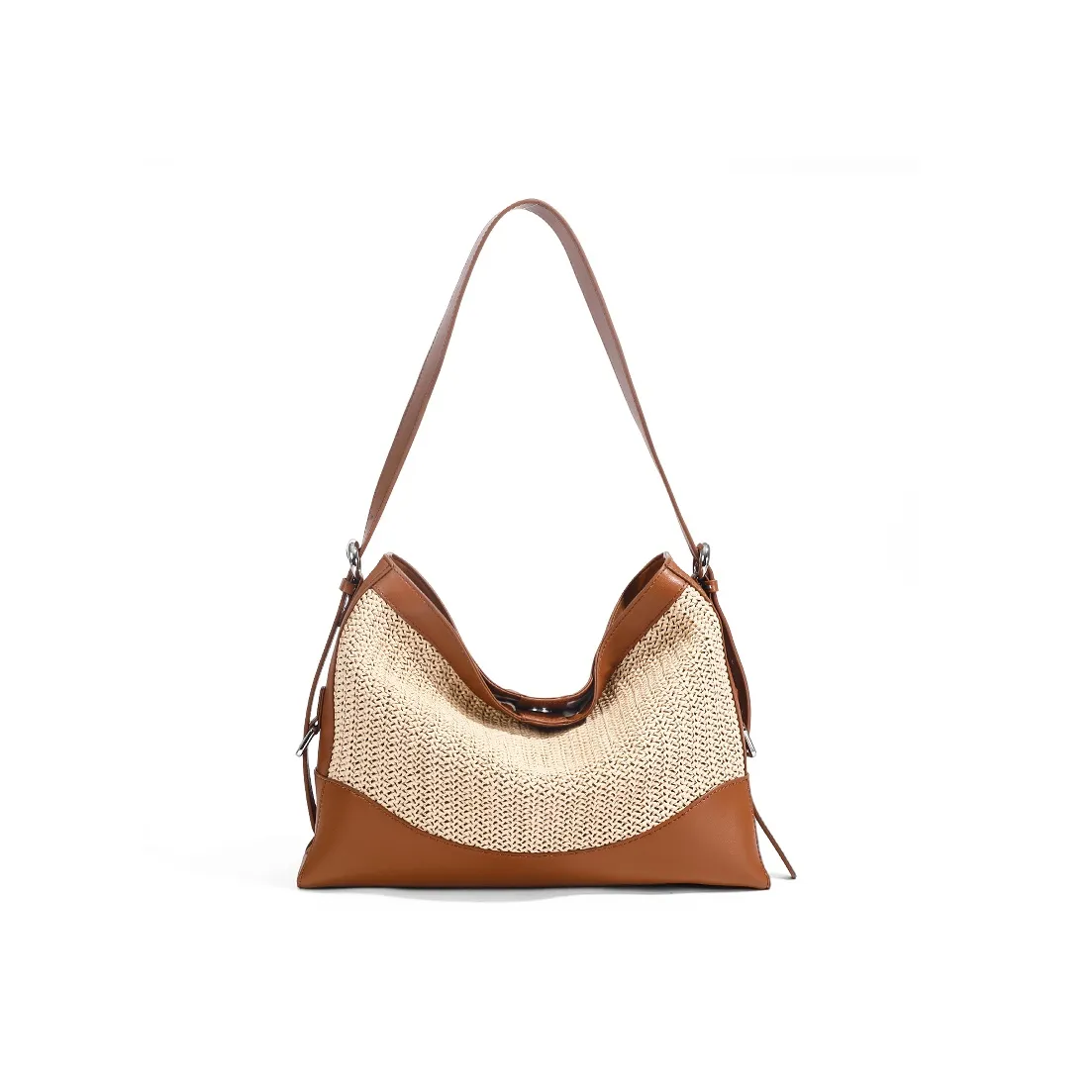 TOMATO&POTATO Cow Leather Woven Bag, Shoulder Bag Regular Women's Straw Woven & Brown & Pink
