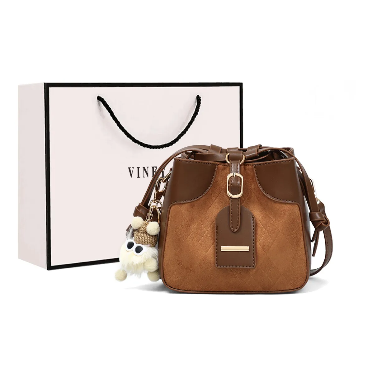VINEY Сумка через плечо из синтетической кожи ведрообразная сумка среднего размера женская коричневая