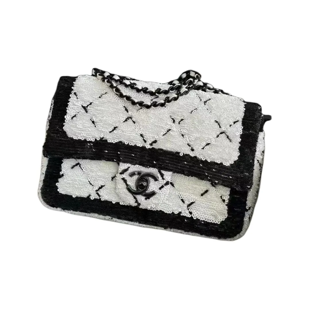 CHANEL Woven Tweed Shoulder Bag, Crossbody Bag, Handbag Trumpets Women's Black & White