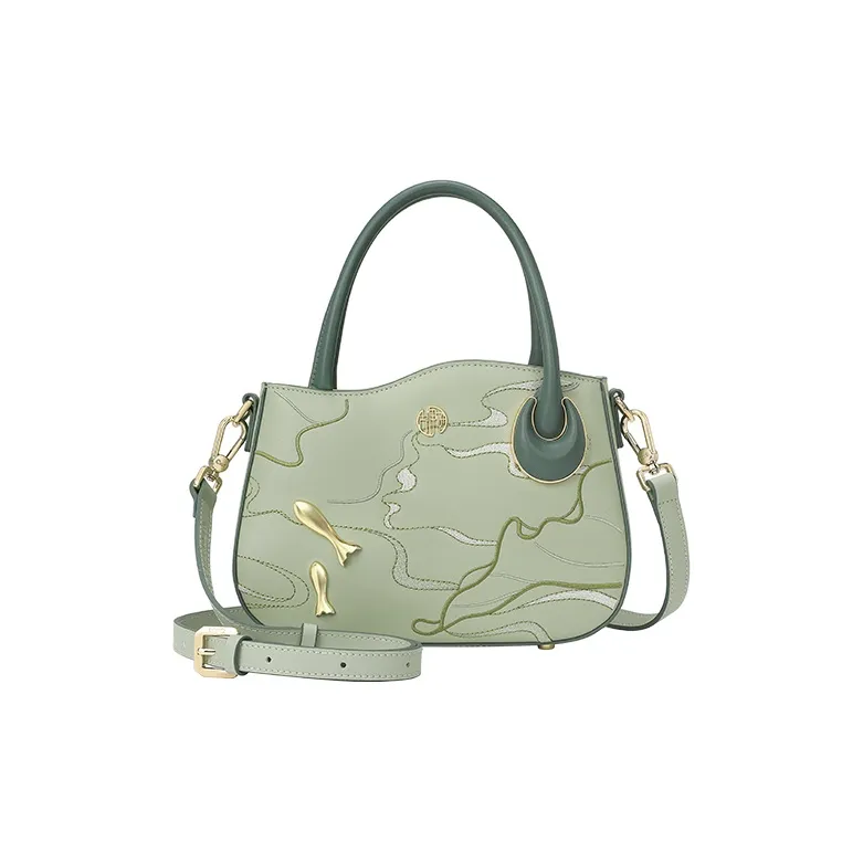 Ancient Yi Xi Коровья кожа Рыбка Pond Вышивка Коммутирование Сумка через плечо Сумка Женские Лотосовый корень Зеленый