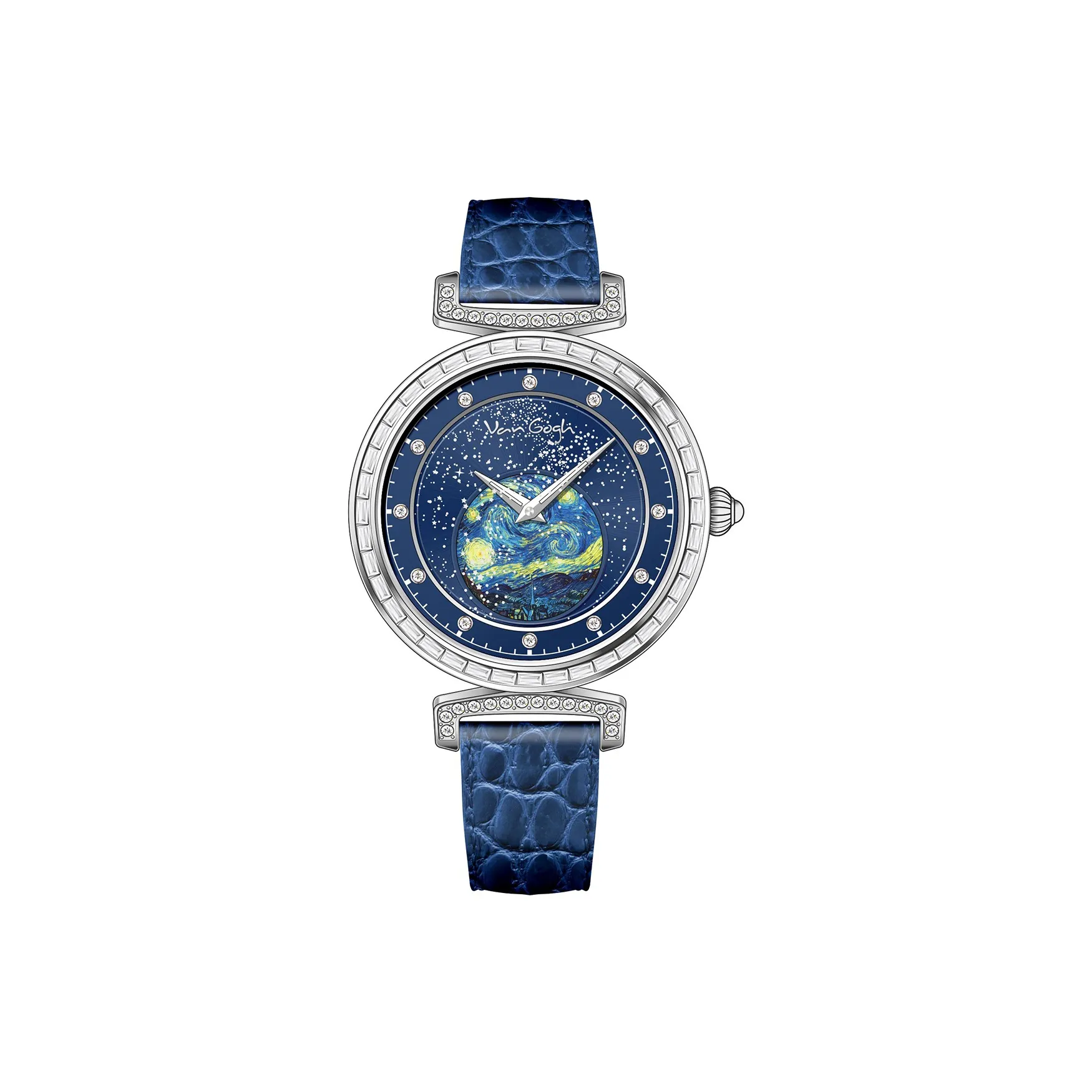 VAN GOGH Star Moon Night Collection Кварцевые Женские Часы Ремешок из Натуральной Кожи Синий Циферблат