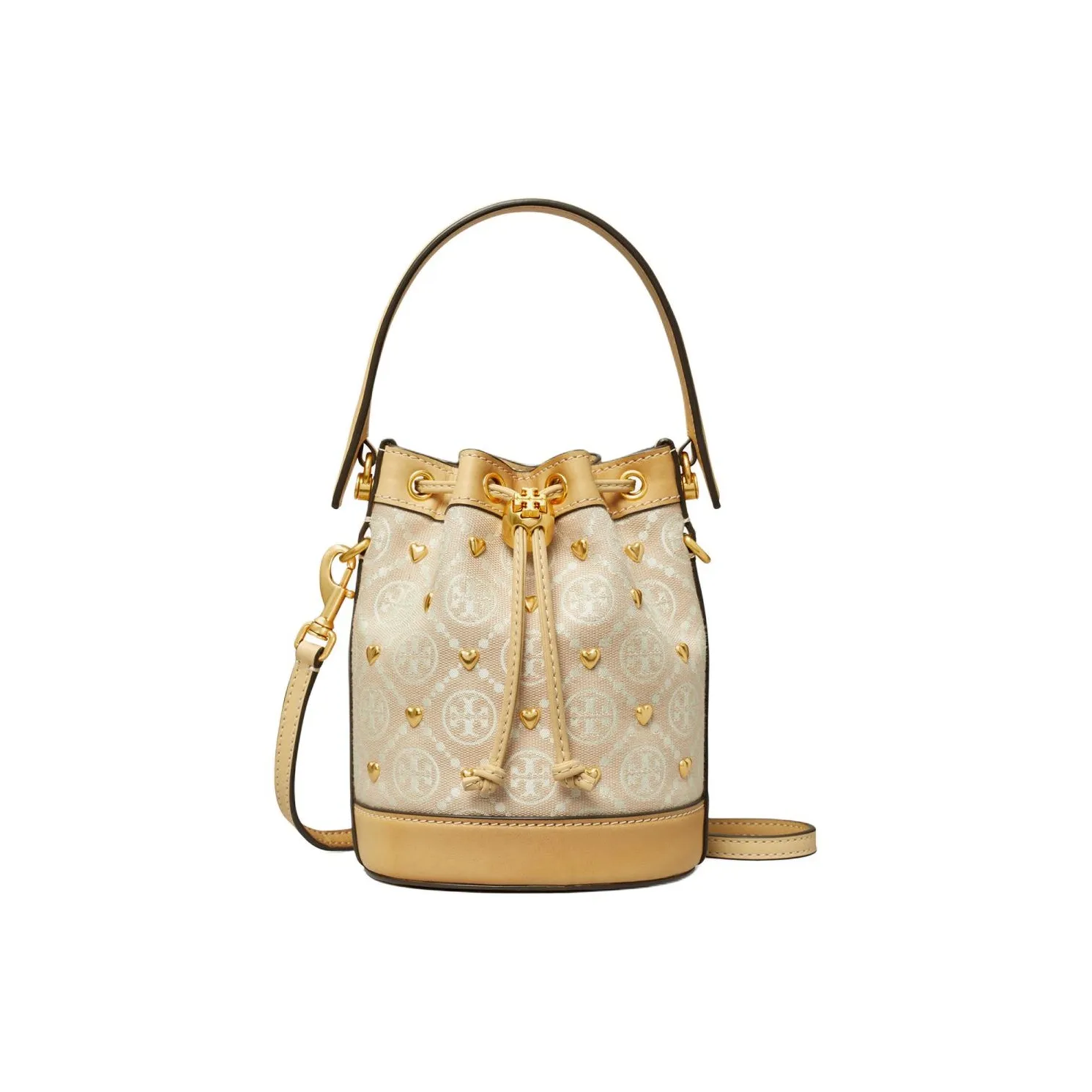 TORY BURCH T Monogram Leather Trim Bucket Bag, Shoulder Bag, Crossbody Bag, Handbag Mini Women's Ivory White Multicolor