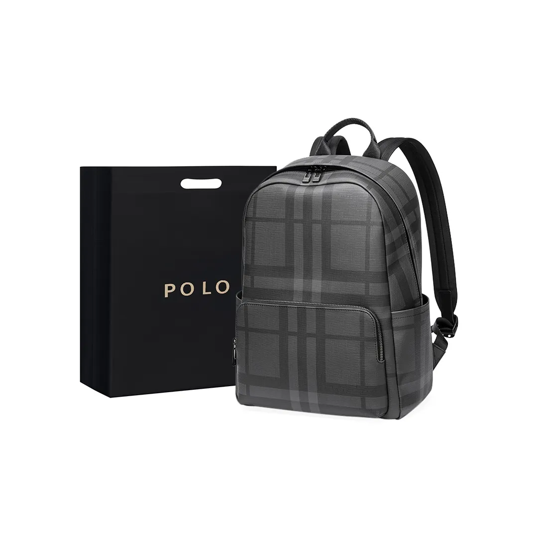 POLO PVC Synthetic Leather Backpack Large Size Men's Plaid Black