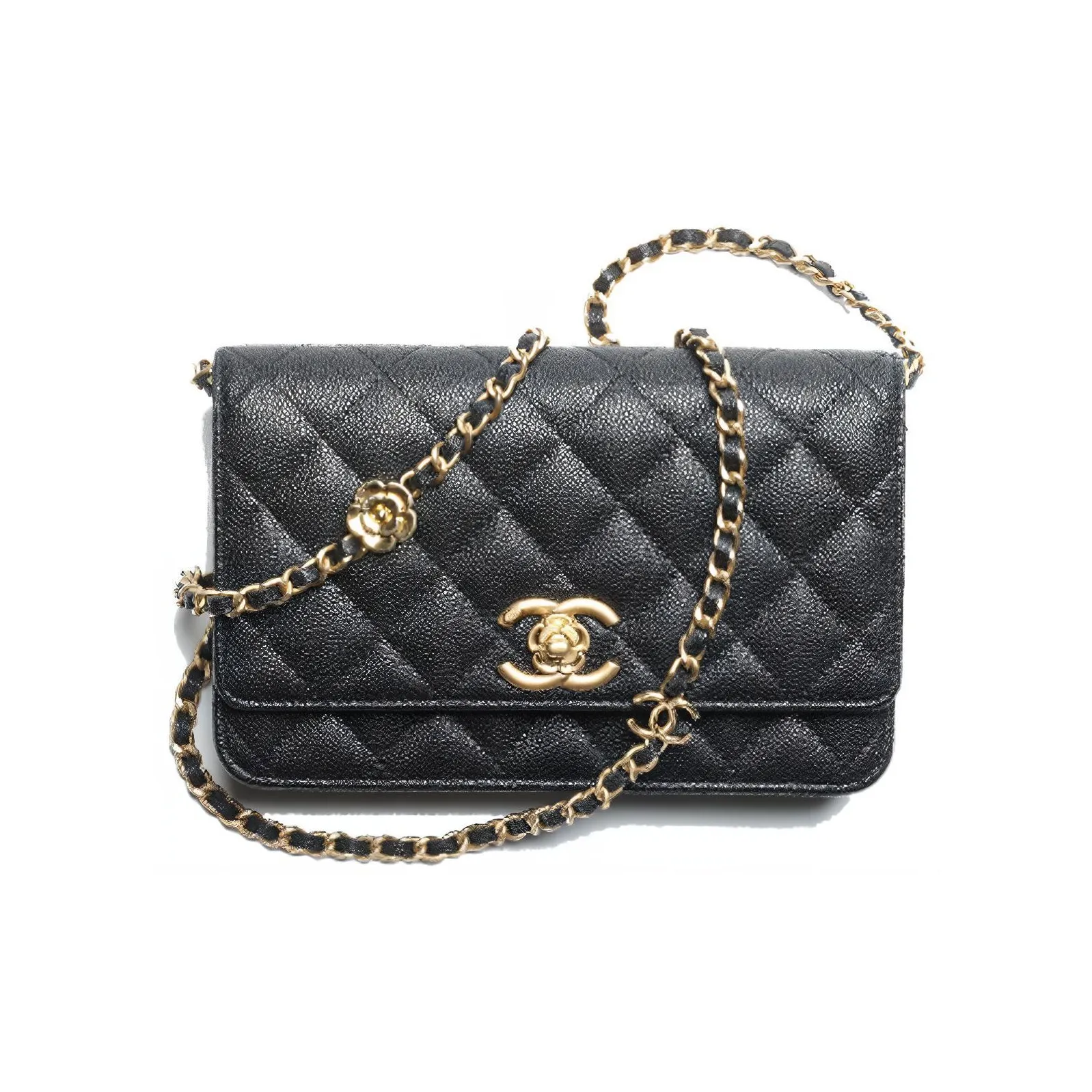 CHANEL Shiny Beaded Embossed Calfskin Chain Wallet Shoulder Bag Crossbody Bag Regular Women's Black