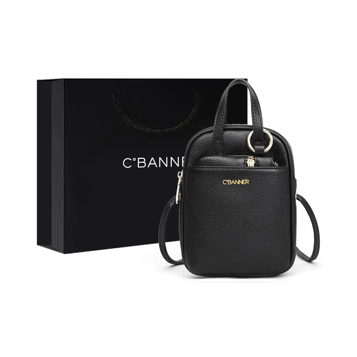 C°BANNER Cow Leather With Synthetic Leather Shoulder Bag, Crossbody Bag, Handbag Regular Women's Black/Light Gray/Ecru