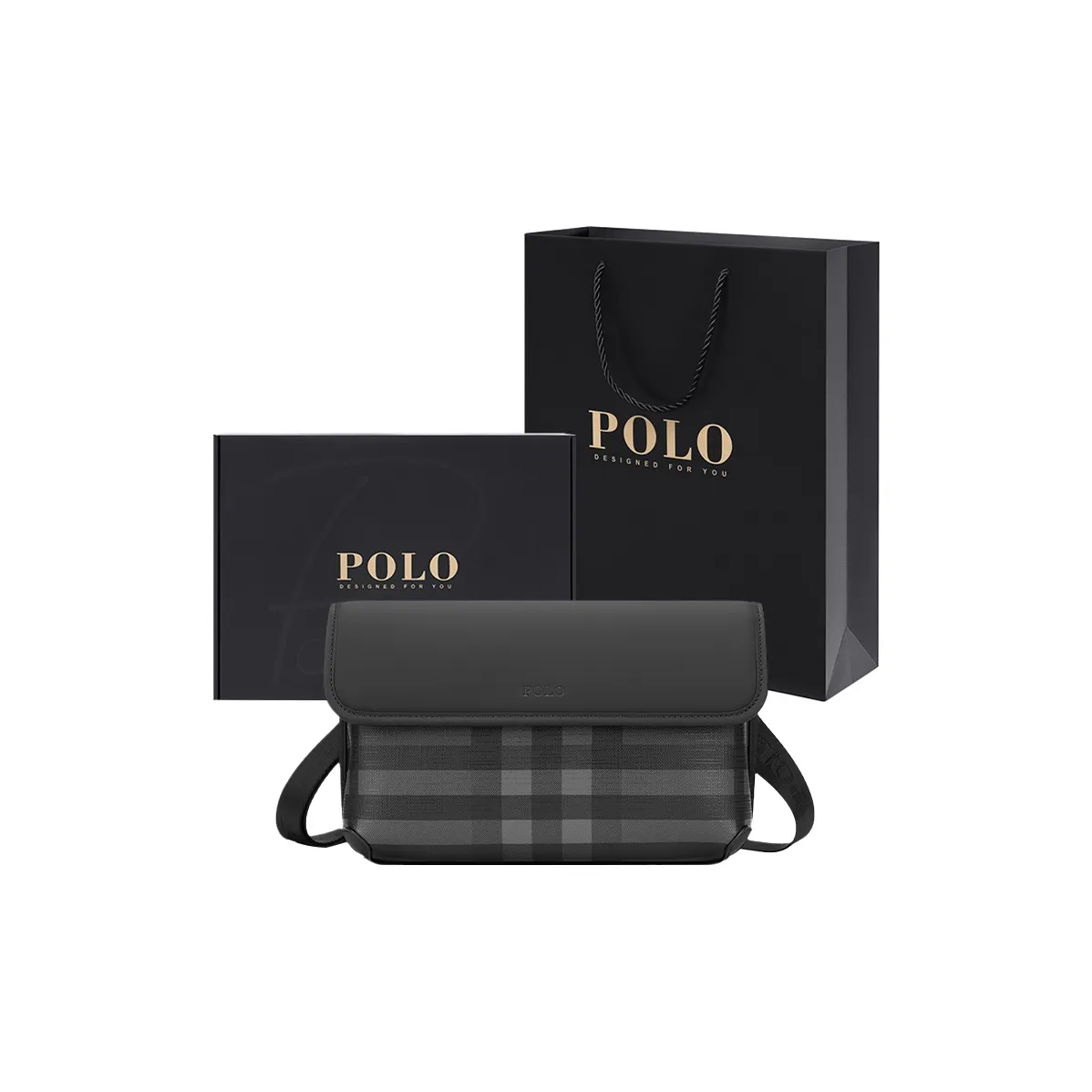POLO PVC Synthetic Leather Men's Crossbody Bag, Shoulder Bag Medium Size Men's Black Plaid