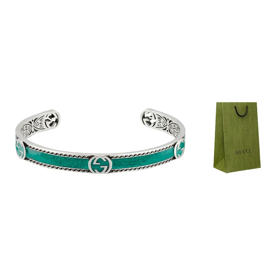 GUCCI Interlocking 925 Sterling Silver Bangles Unisex Sapphire Green/Silver