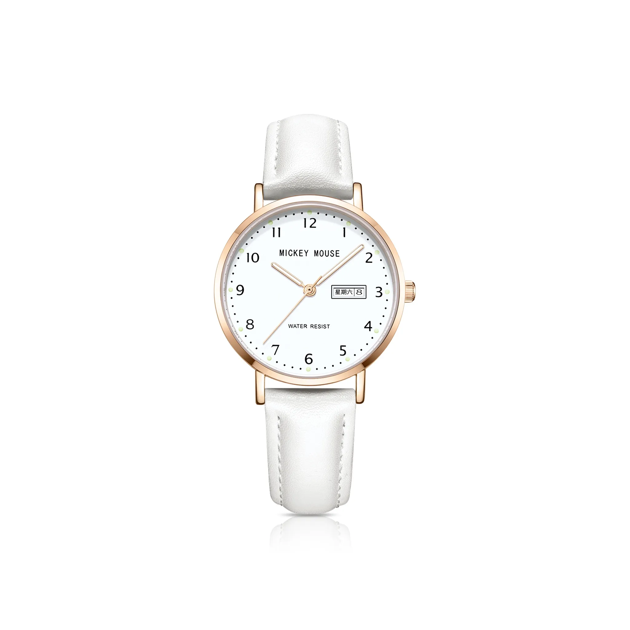 Disney Mickey Кварцевый механизм Естественная кожа Ремешок Часы Унисекс Белый циферблат