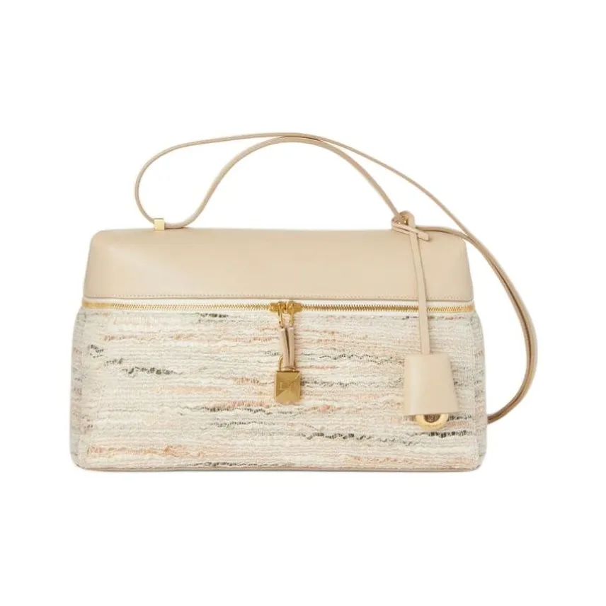 Loro Piana Linseed With Acrylic Portable Crossbody Bag, Shoulder Bag Women's Elegant Pink & Stone Color & Sun Gold