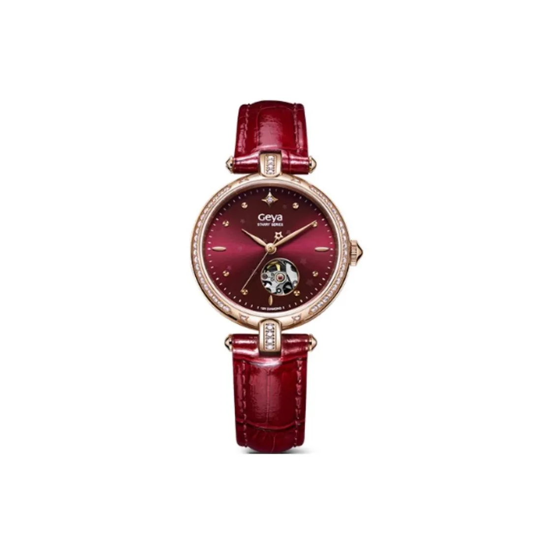 GEYA STAR COLLECTION Механические часы Коровья кожа Ремешок Женские часы Красный циферблат