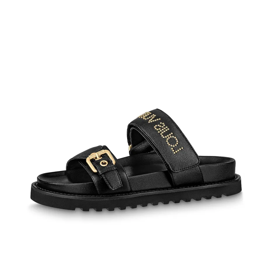LOUIS VUITTON Paseo Comfort Quiet Slide Slippers Women's Black Gold