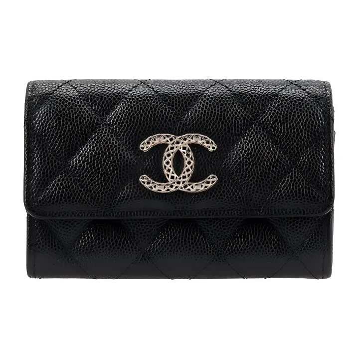 CHANEL Litchi Grain Cow Leather Coin Purse, Card Holder Women's Black