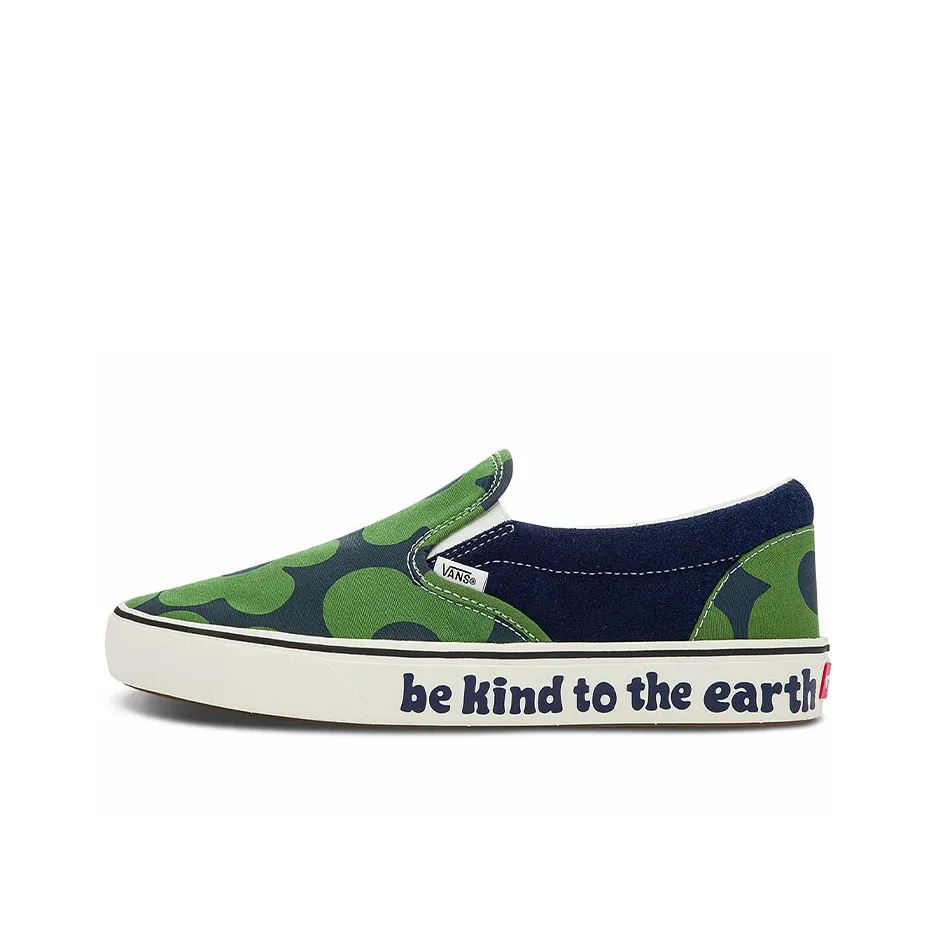 Vans Slip On Casual Skate Shoes Unisex Green Dark Blue Flower Printing 'Green Dark Blue'