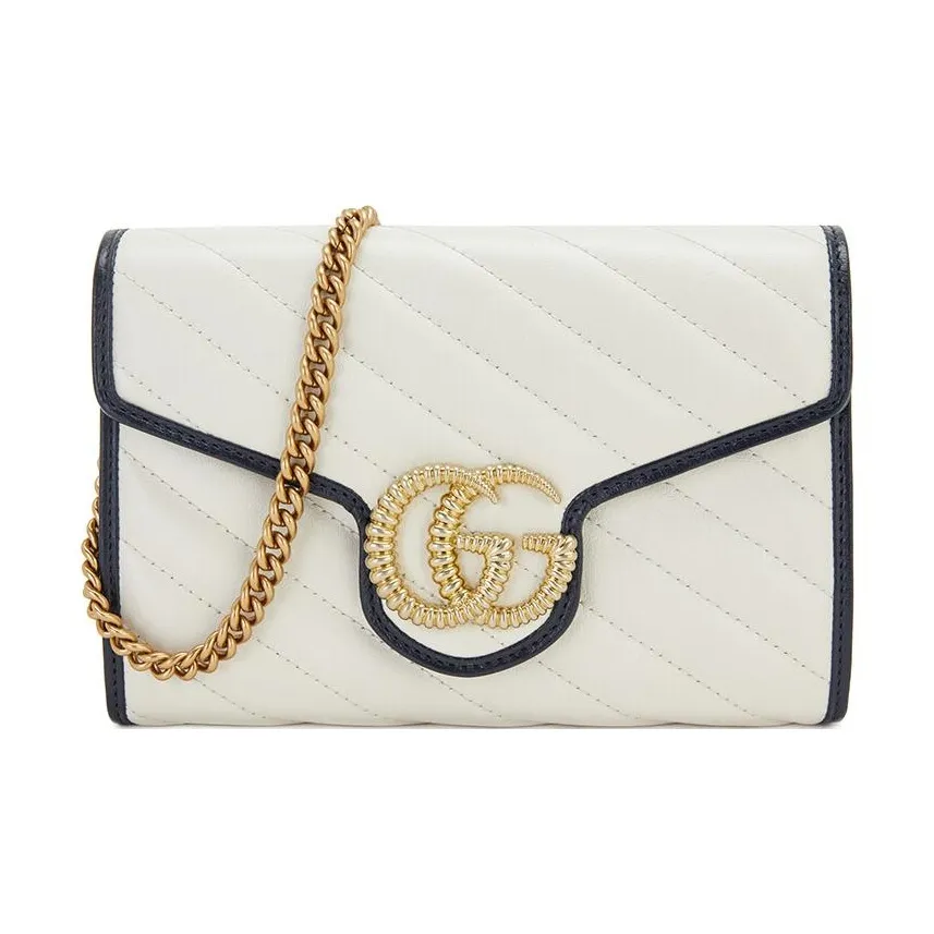 GUCCI GG Marmont Quilted Leather Chain Wallet, Crossbody Bag, Shoulder Bag Women's White