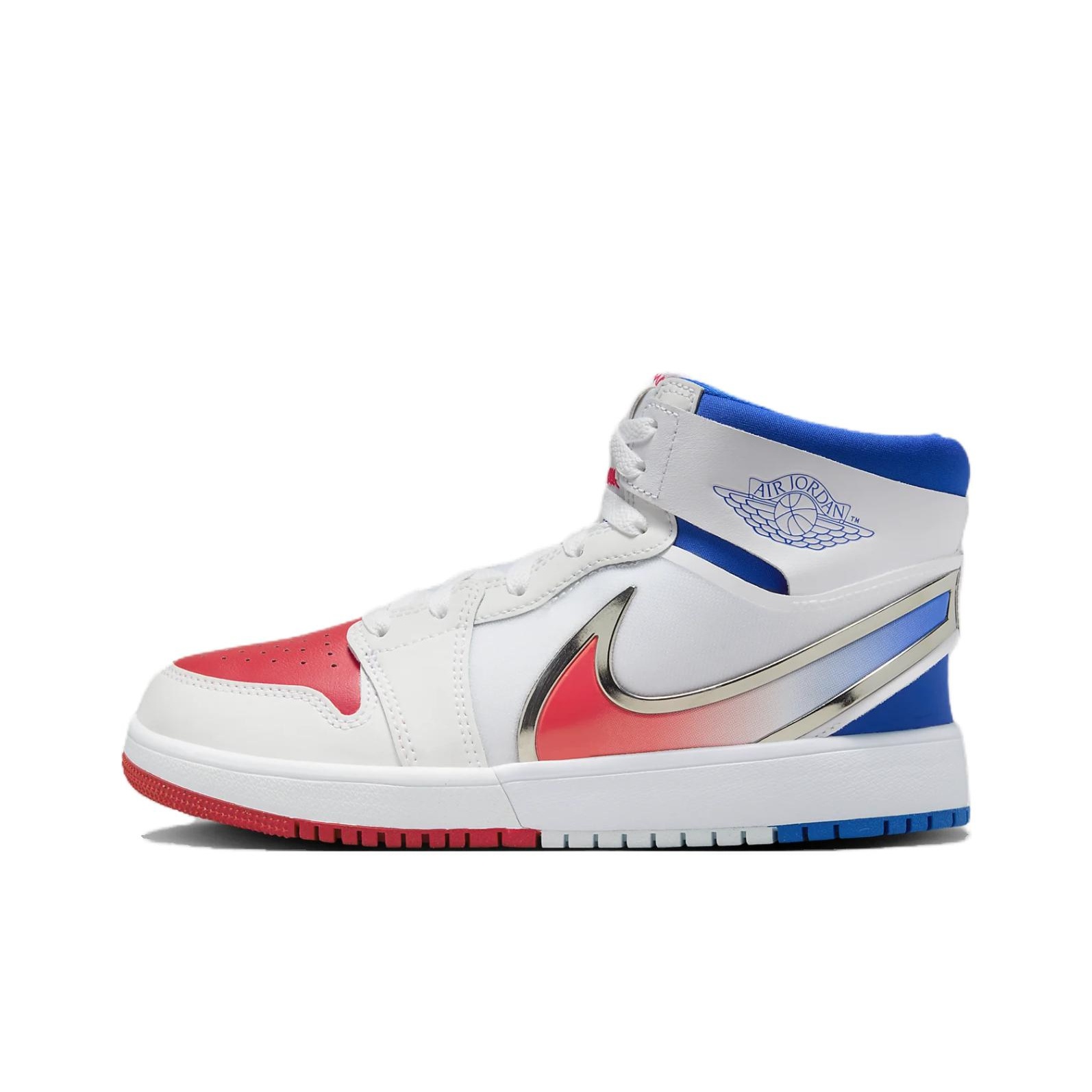 red blue white and black jordan 1s