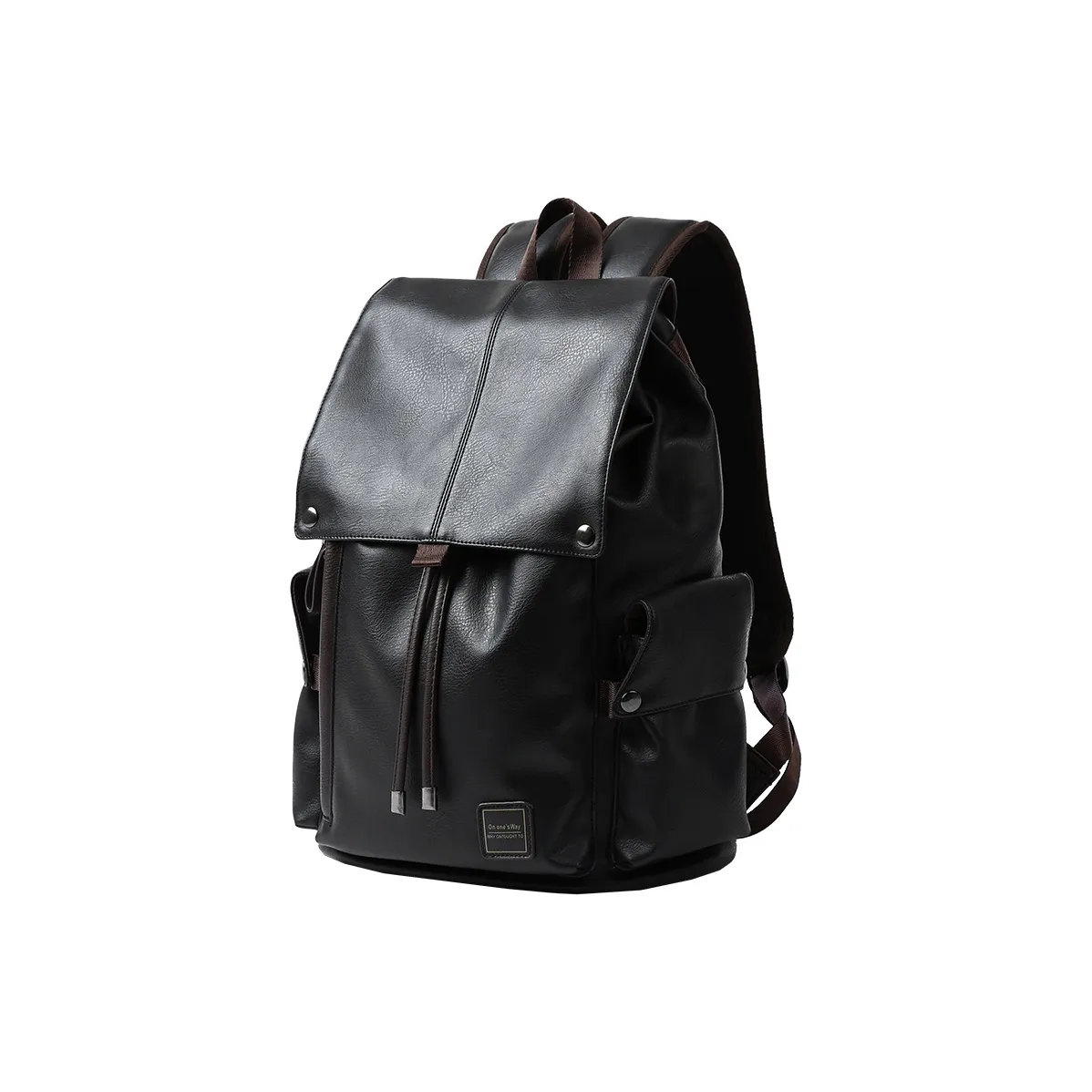 MOYYI PVC Water-Resistant Flap With Drawstring Backpack Laptop Bag Travel Bag Unisex Black