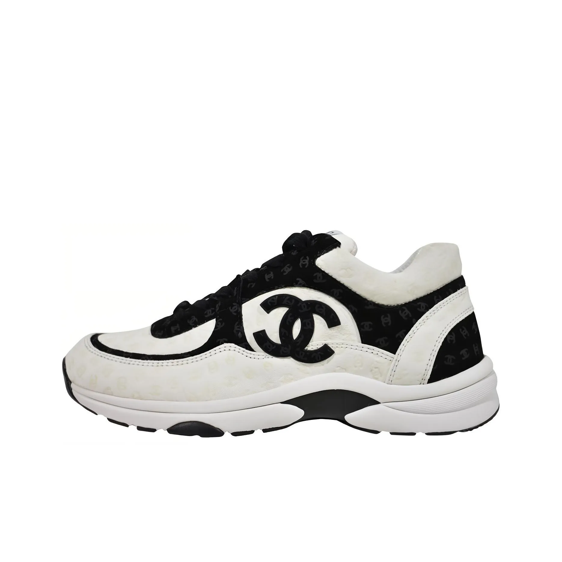 CHANEL Cc Embossed Logo White Black Suede Women's