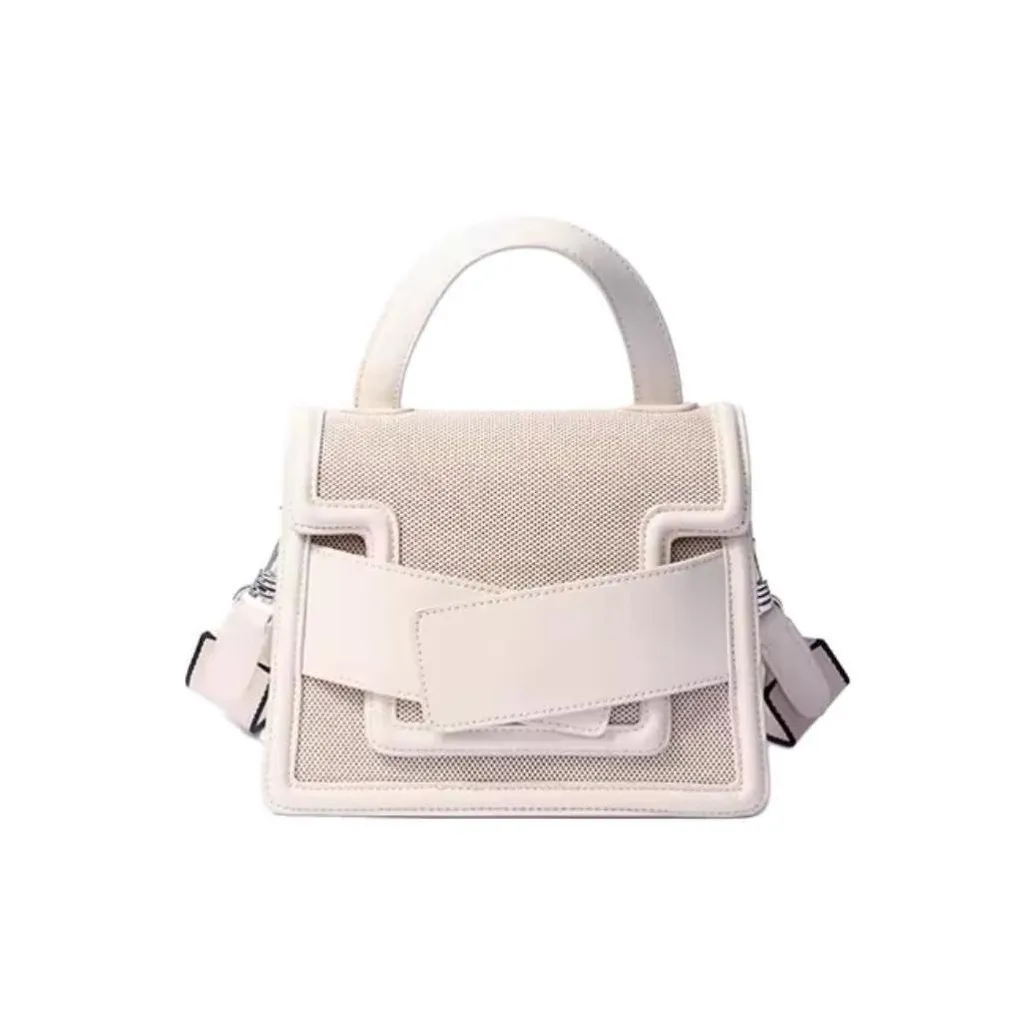 BOB ORE BLUE COLLECTION Genuine Leather With Canvas Shoulder Bag, Crossbody Bag, Handbag Medium Size Women's White