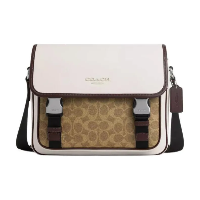COACH Coated Canvas With Smooth Calfskin Messenger Bag, Shoulder Bag, Crossbody Bag Men's Chalk & Tan
