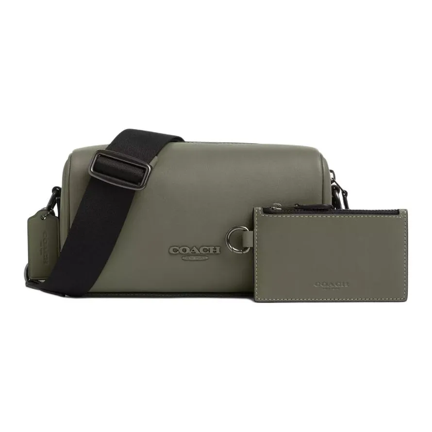 COACH Smooth Calf Leather Shoulder Bag, Crossbody Bag Trumpets Men's Gunmetal & Army Green
