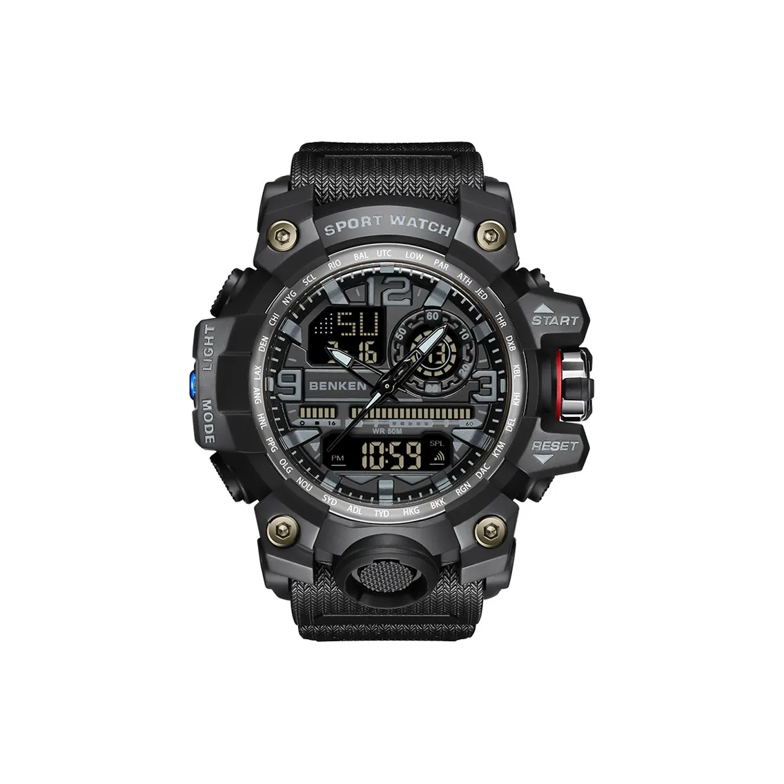 BENKEN Черный воин Электронный Механизм Смола Ремешок Часы Мужские часы Черный циферблат