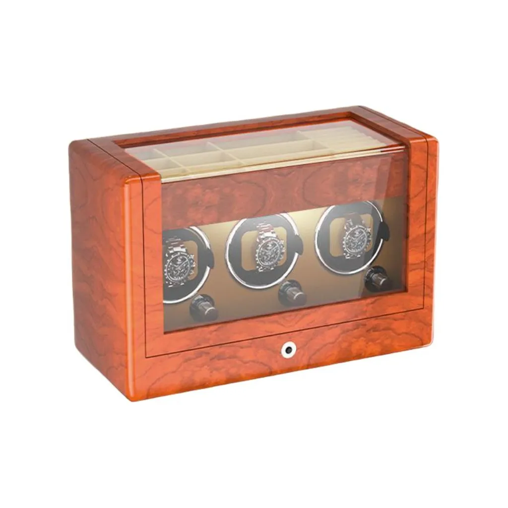 Brilliant Top Opening Storage Jewelry Box 3 Watch Slot Knob Style Watch Winder, Padauk Color Black Unisex