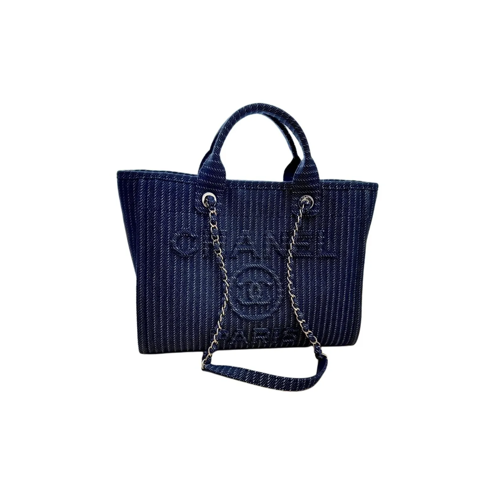CHANEL Denim & Metal Tote Bag, Shopping Bag, Shoulder Bag, Handbag Women's Dark Blue