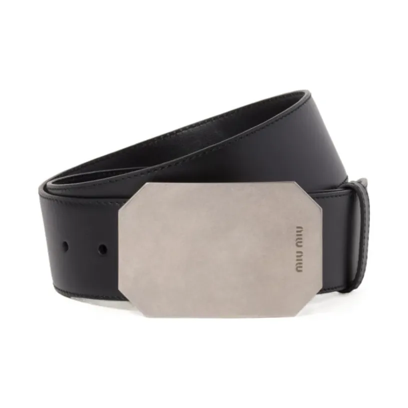MIU MIU Solid Color Design Leather Belts Unisex Black Width 4.5CM
